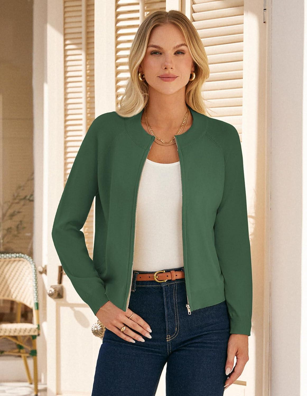 imageGRACE KARIN Womens Long Sleeve Zip Up Cardigan Sweaters Lightweight Fashion Sweater Jacket Knitted Spring ClothesArmy Green