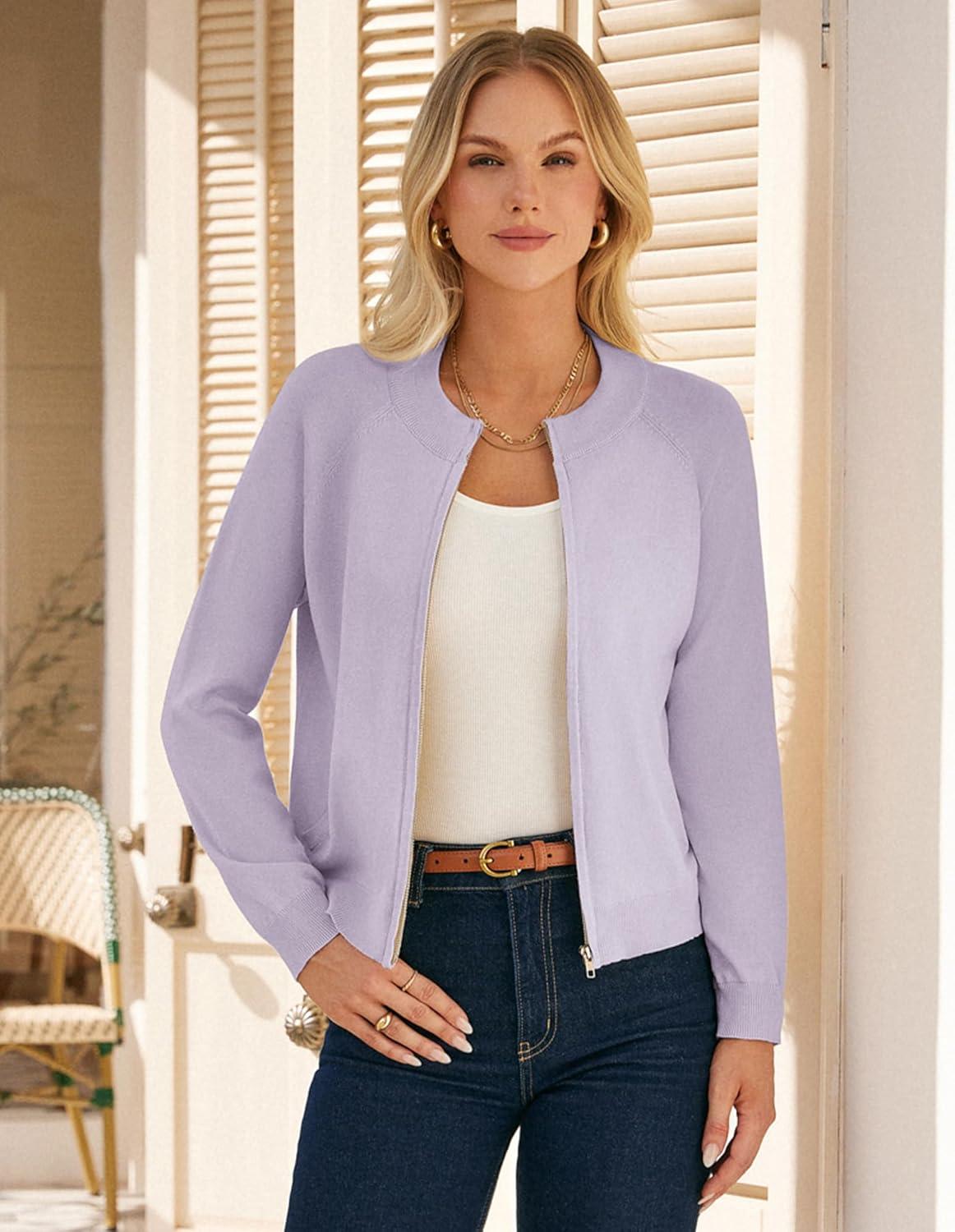 imageGRACE KARIN Womens Long Sleeve Zip Up Cardigan Sweaters Lightweight Fashion Sweater Jacket Knitted Spring ClothesLight Purple