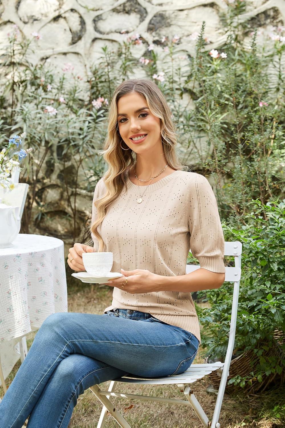 imageGRACE KARIN Puff Short Sleeve Blouse Tops for Women 2026 Summer Cute Crew Neck Knit Dressy Top Casual Hollow Pullover SweaterApricot