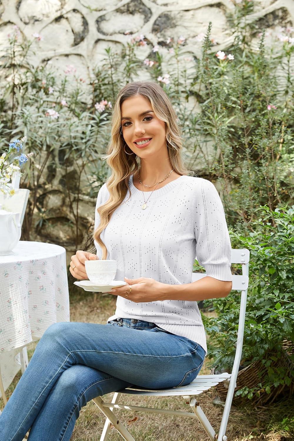 imageGRACE KARIN Puff Short Sleeve Blouse Tops for Women 2026 Summer Cute Crew Neck Knit Dressy Top Casual Hollow Pullover SweaterBright White