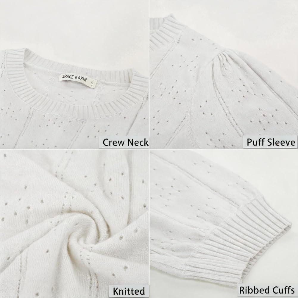 imageGRACE KARIN Puff Short Sleeve Blouse Tops for Women 2026 Summer Cute Crew Neck Knit Dressy Top Casual Hollow Pullover SweaterBright White