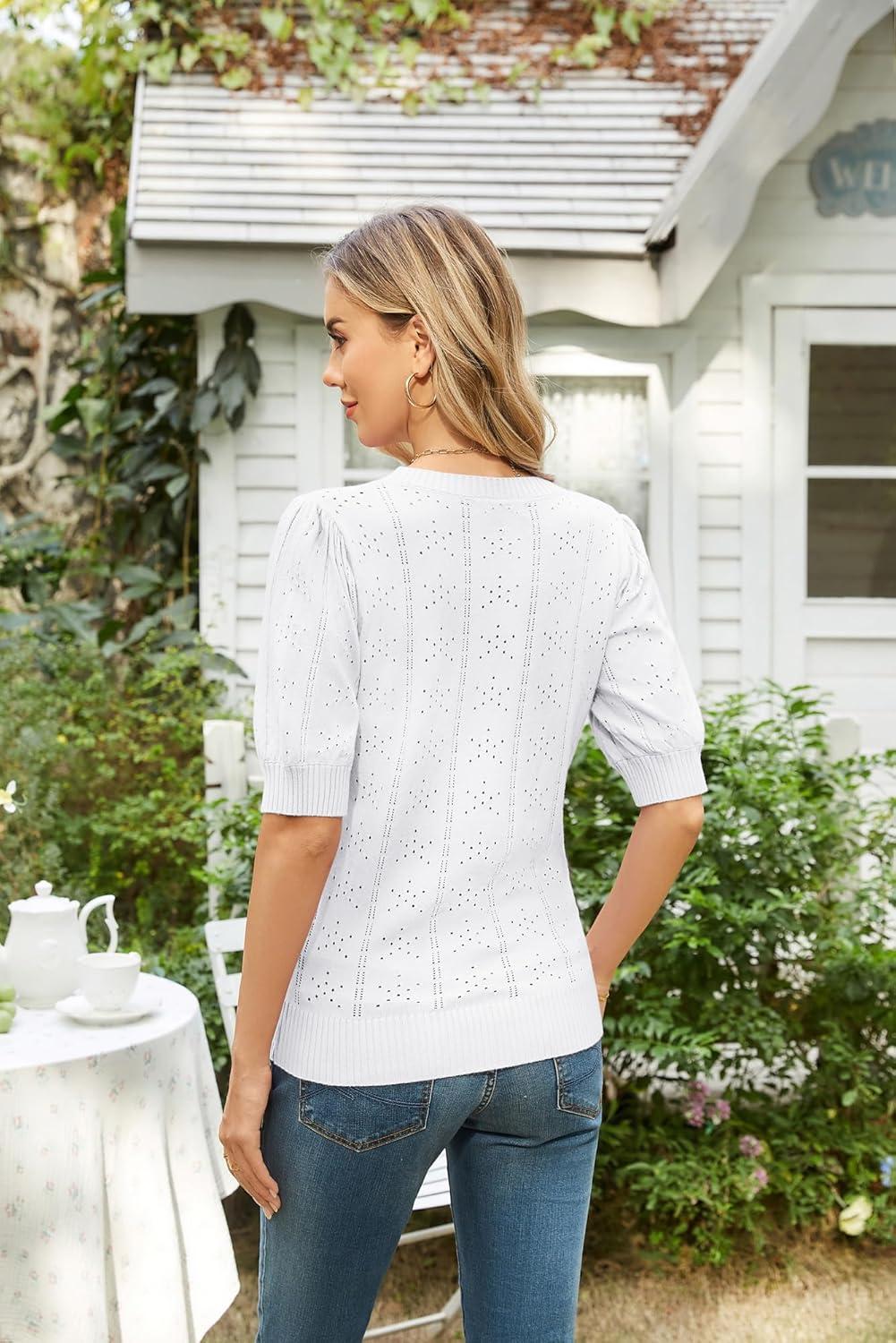 imageGRACE KARIN Puff Short Sleeve Blouse Tops for Women 2026 Summer Cute Crew Neck Knit Dressy Top Casual Hollow Pullover SweaterBright White