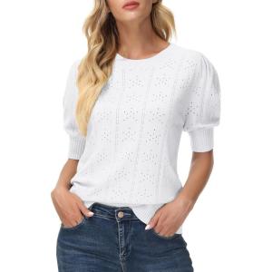 GRACE KARIN Puff Short Sleeve Blouse Tops for Women 2026 Summer Cute Crew Neck Knit Dressy Top Casual Hollow Pullover Sweater(Bright White)