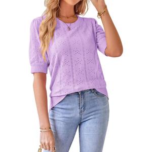 GRACE KARIN Puff Short Sleeve Blouse Tops for Women 2026 Summer Cute Crew Neck Knit Dressy Top Casual Hollow Pullover Sweater(Purple)