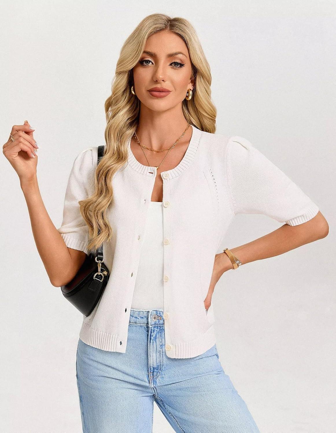 imageGRACE KARIN Short Sleeve Cardigans for Women Spring Cropped Cotton Sweaters Trendy Crew Neck Button Up Tops CasualWhite