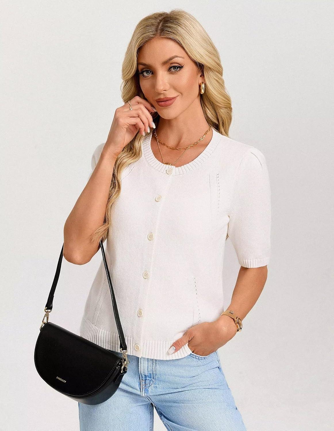 imageGRACE KARIN Short Sleeve Cardigans for Women Spring Cropped Cotton Sweaters Trendy Crew Neck Button Up Tops CasualWhite