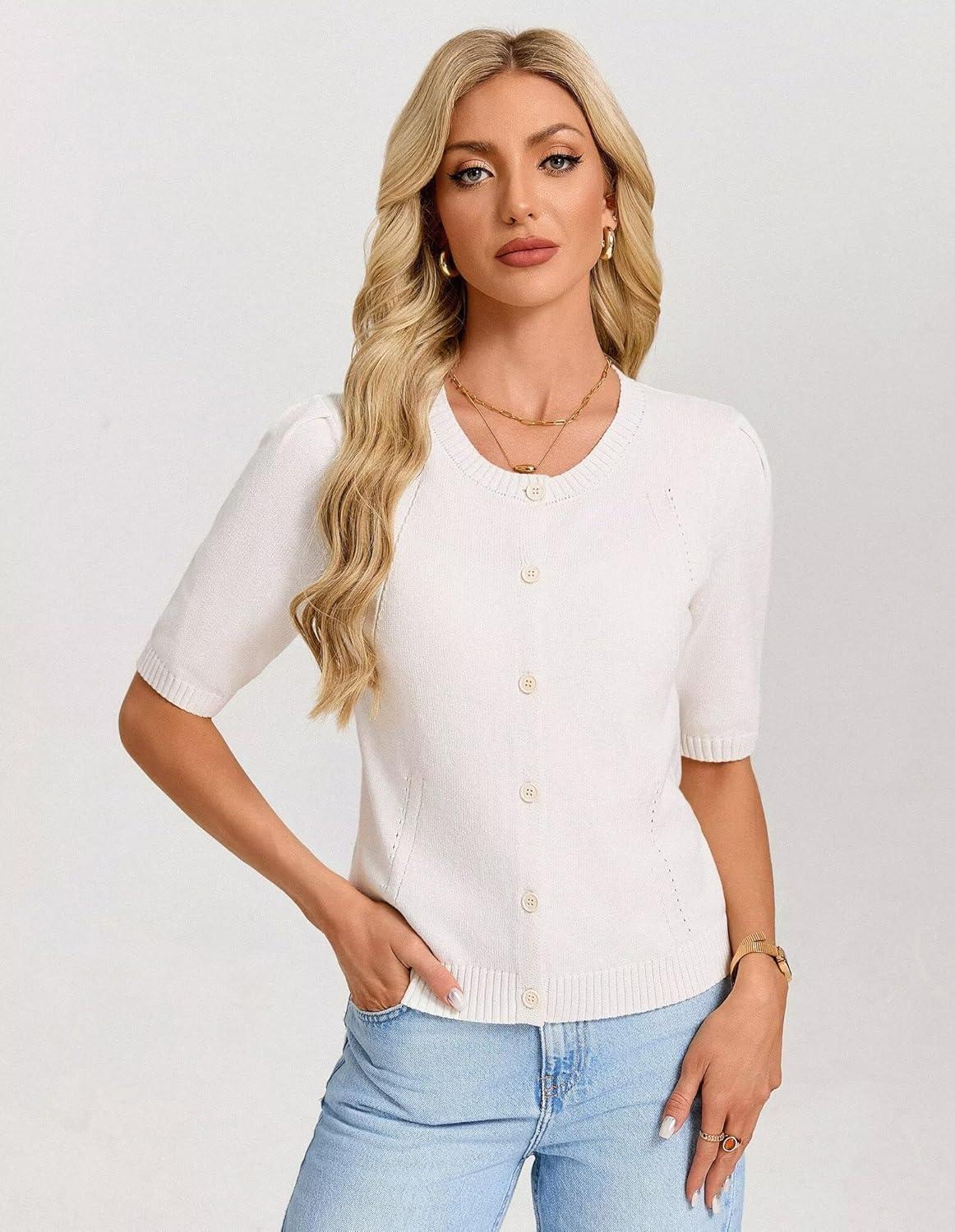 imageGRACE KARIN Short Sleeve Cardigans for Women Spring Cropped Cotton Sweaters Trendy Crew Neck Button Up Tops CasualWhite