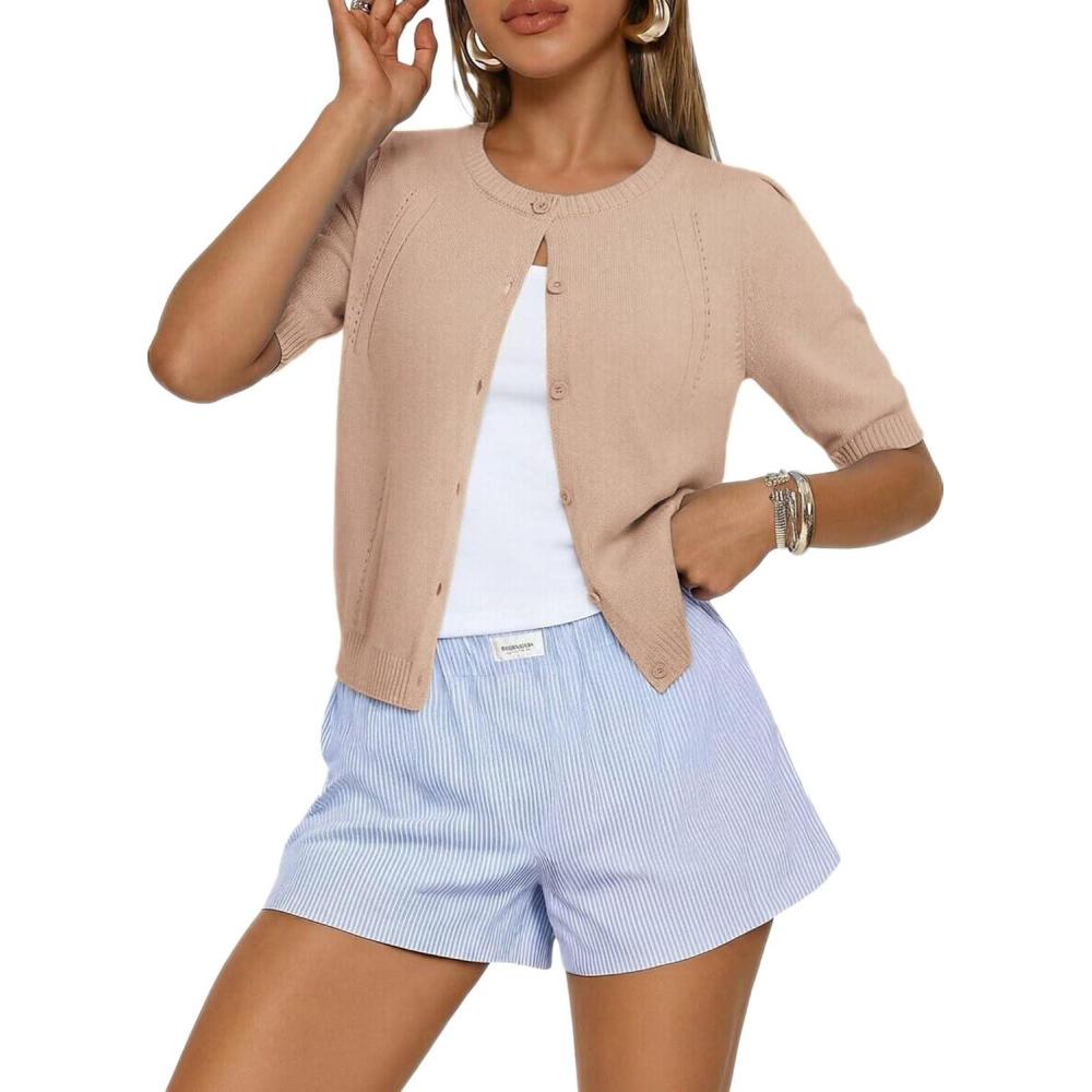 imageGRACE KARIN Short Sleeve Cardigans for Women Spring Cropped Cotton Sweaters Trendy Crew Neck Button Up Tops CasualKhaki