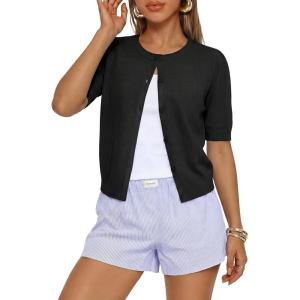 GRACE KARIN Short Sleeve Cardigans for Women, Spring Cropped Cotton Sweaters, Trendy Crew Neck Button Up Tops Casual(Black)