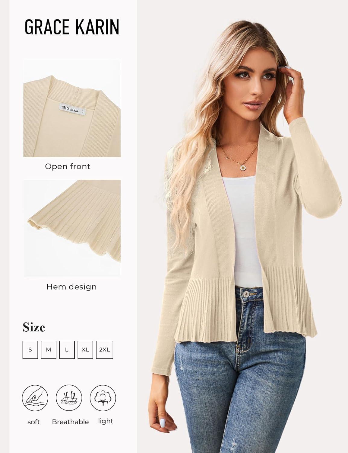 imageGRACE KARIN Womens Lightweight Peplum Cardigan Sweaters Open Front Cropped Cardigan Long Sleeve Trendy Summer Knit TopsCream