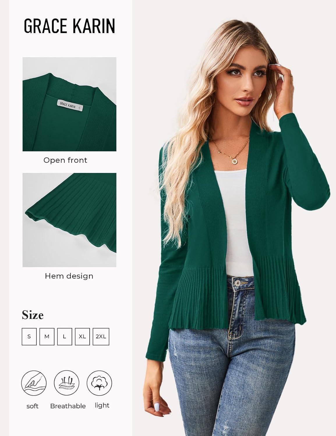 imageGRACE KARIN Womens Lightweight Peplum Cardigan Sweaters Open Front Cropped Cardigan Long Sleeve Trendy Summer Knit TopsDark Green