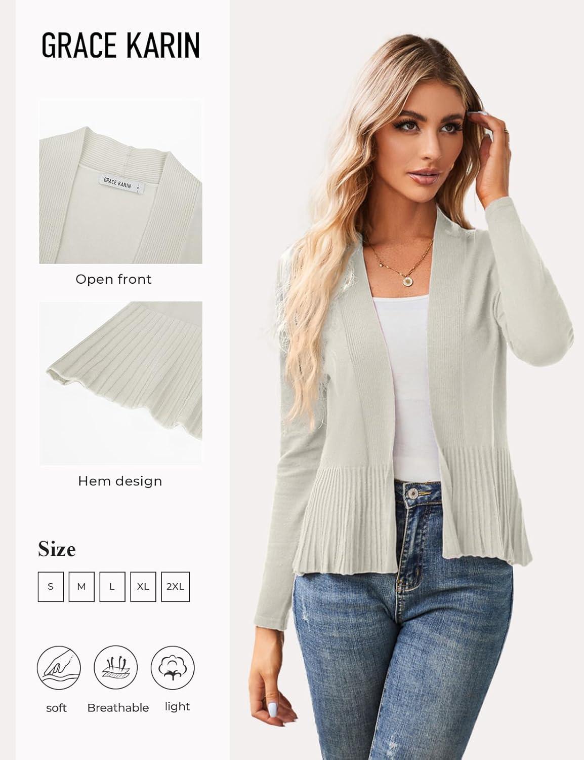 imageGRACE KARIN Womens Lightweight Peplum Cardigan Sweaters Open Front Cropped Cardigan Long Sleeve Trendy Summer Knit TopsFlower Gray