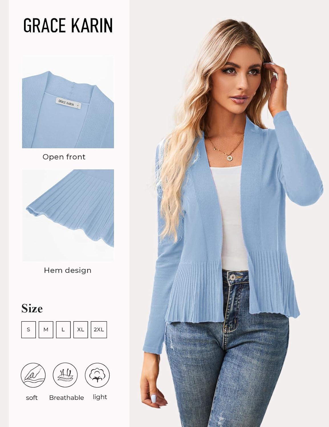 imageGRACE KARIN Womens Lightweight Peplum Cardigan Sweaters Open Front Cropped Cardigan Long Sleeve Trendy Summer Knit TopsLight Blue