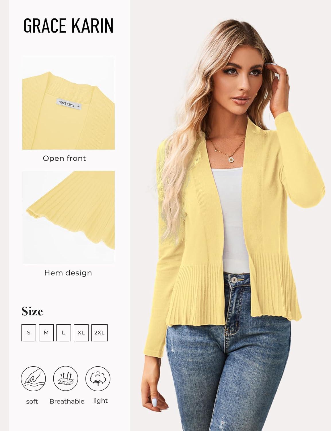 imageGRACE KARIN Womens Lightweight Peplum Cardigan Sweaters Open Front Cropped Cardigan Long Sleeve Trendy Summer Knit TopsOyster White