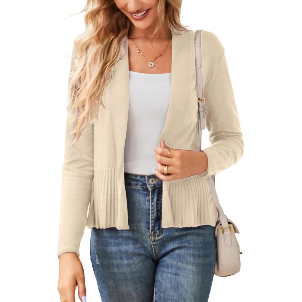 imageGRACE KARIN Womens Lightweight Peplum Cardigan Sweaters Open Front Cropped Cardigan Long Sleeve Trendy Summer Knit TopsCream