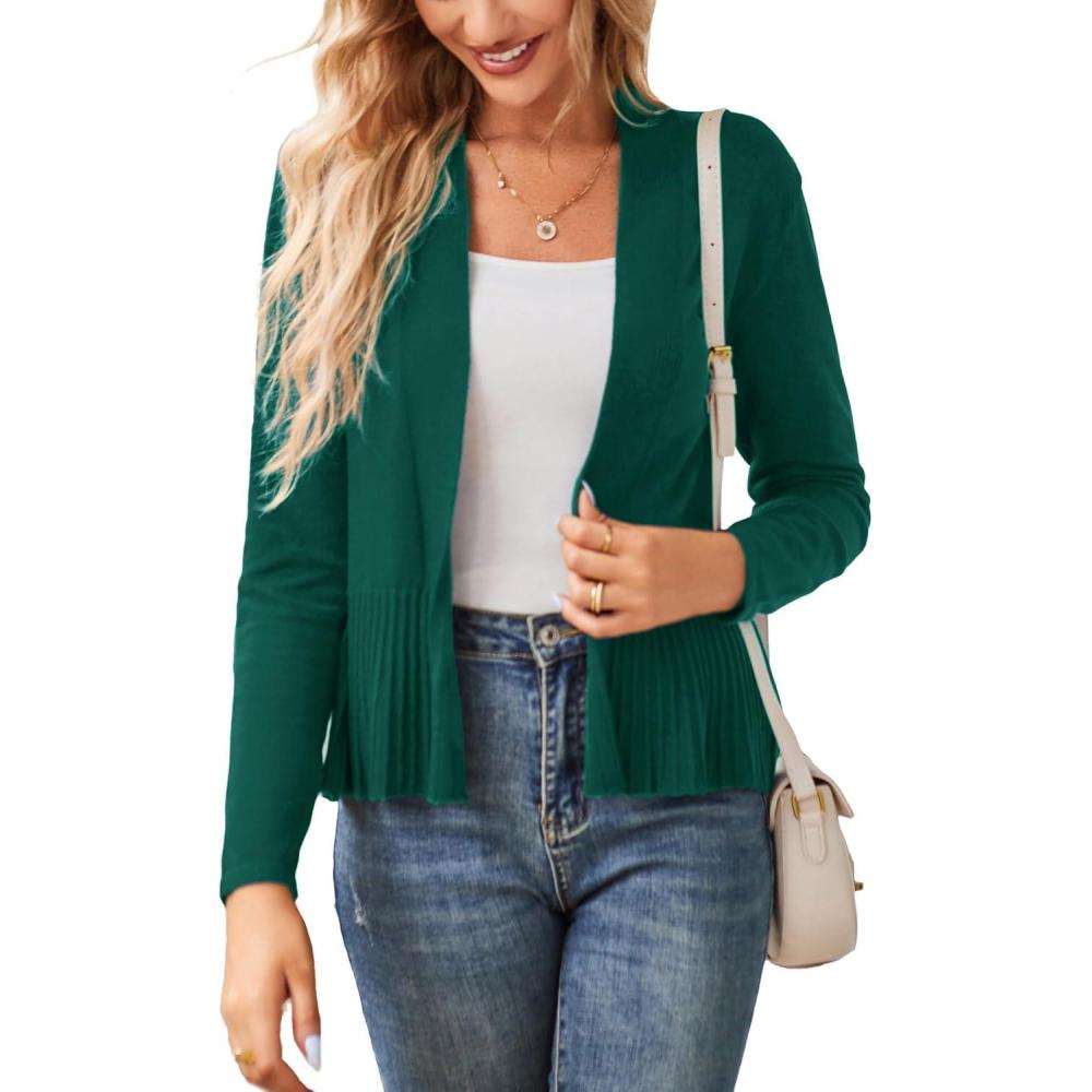 imageGRACE KARIN Womens Lightweight Peplum Cardigan Sweaters Open Front Cropped Cardigan Long Sleeve Trendy Summer Knit TopsDark Green
