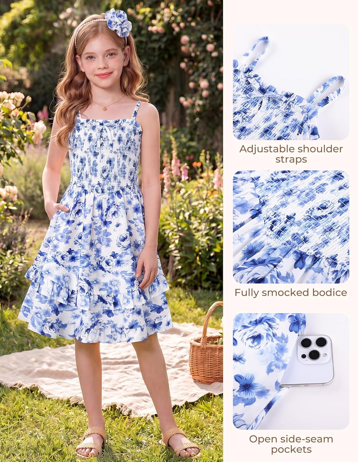 imageGRACE KARIN Girls Floral Summer Dress Tween Girl 2 Layerr Cami Smocked Dresses Boho Midi Sundress Size 716Blue Big Floral