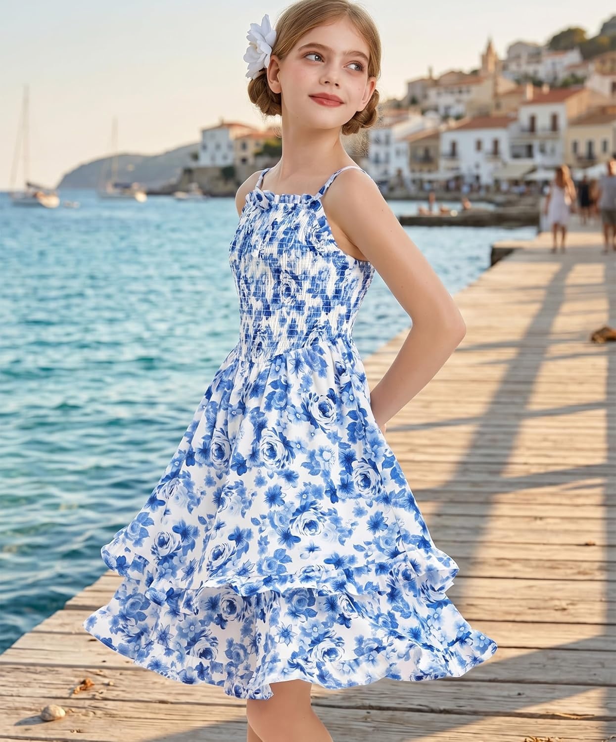 imageGRACE KARIN Girls Floral Summer Dress Tween Girl 2 Layerr Cami Smocked Dresses Boho Midi Sundress Size 716Blue Big Floral