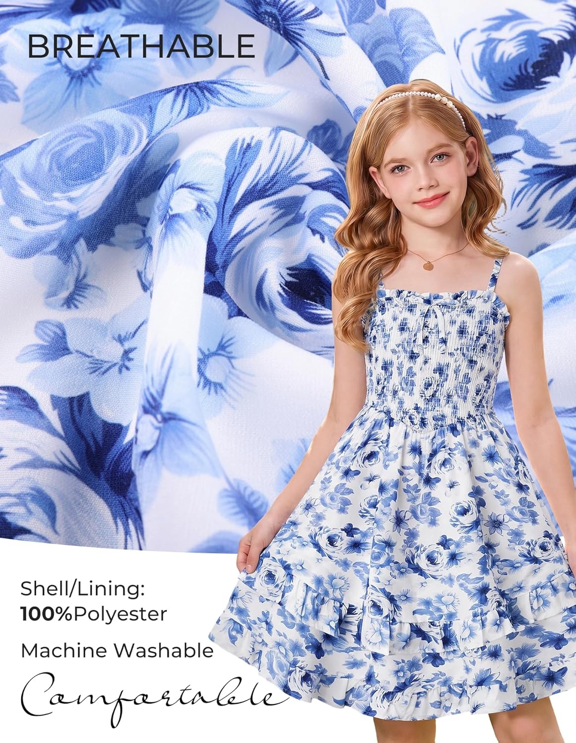 imageGRACE KARIN Girls Floral Summer Dress Tween Girl 2 Layerr Cami Smocked Dresses Boho Midi Sundress Size 716Blue Big Floral