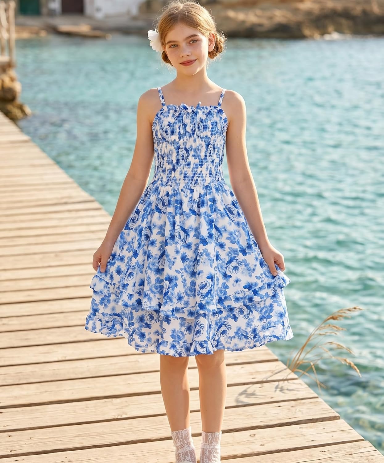 imageGRACE KARIN Girls Floral Summer Dress Tween Girl 2 Layerr Cami Smocked Dresses Boho Midi Sundress Size 716Blue Big Floral