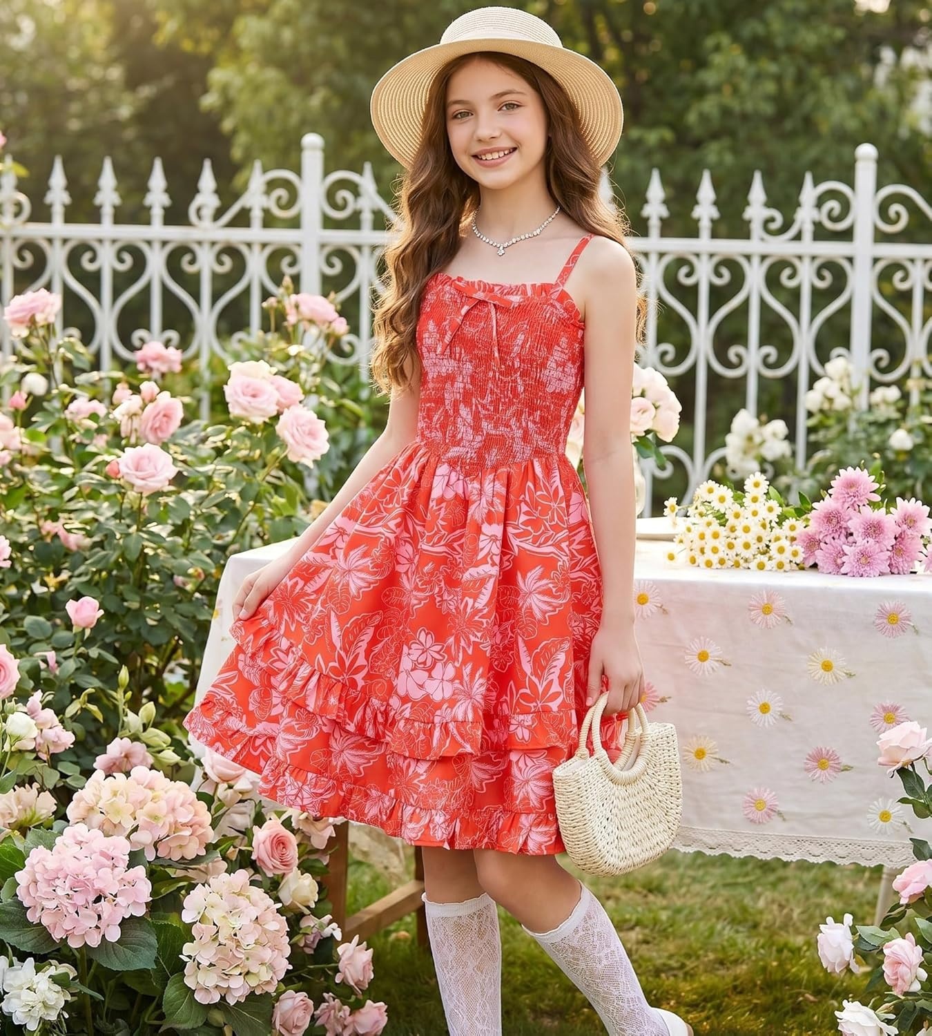 imageGRACE KARIN Girls Floral Summer Dress Tween Girl 2 Layerr Cami Smocked Dresses Boho Midi Sundress Size 716Orange White Floral