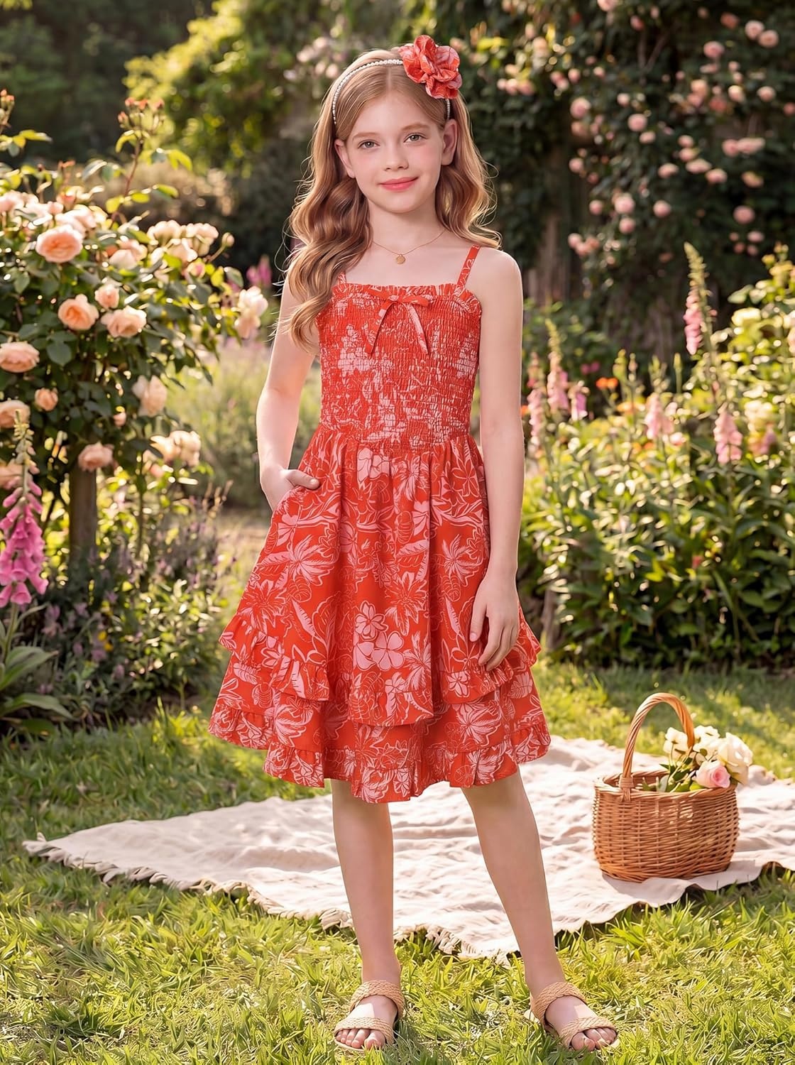 imageGRACE KARIN Girls Floral Summer Dress Tween Girl 2 Layerr Cami Smocked Dresses Boho Midi Sundress Size 716Orange White Floral