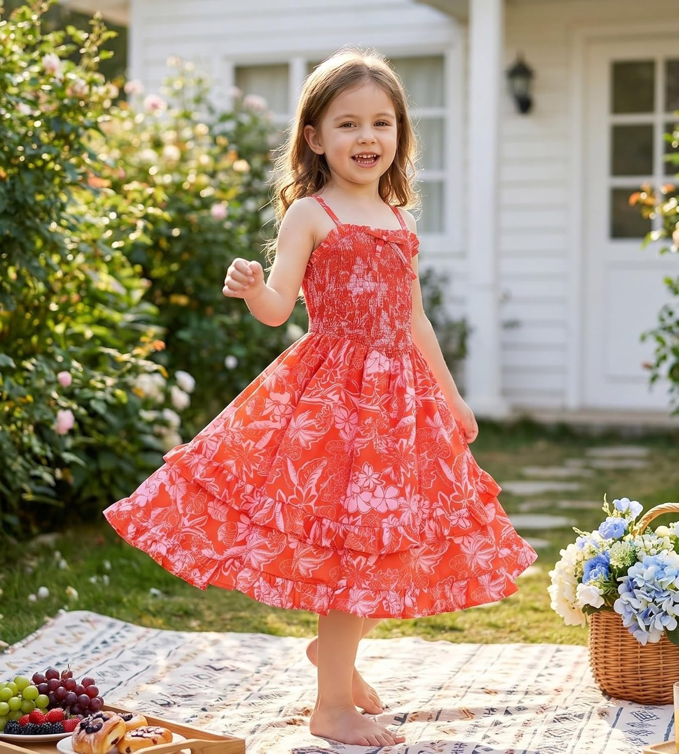 imageGRACE KARIN Girls Floral Summer Dress Tween Girl 2 Layerr Cami Smocked Dresses Boho Midi Sundress Size 716Orange White Floral