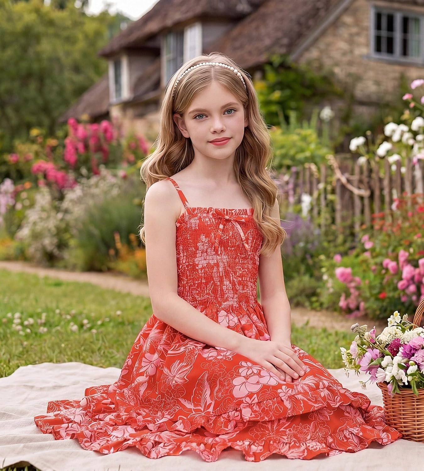 imageGRACE KARIN Girls Floral Summer Dress Tween Girl 2 Layerr Cami Smocked Dresses Boho Midi Sundress Size 716Orange White Floral