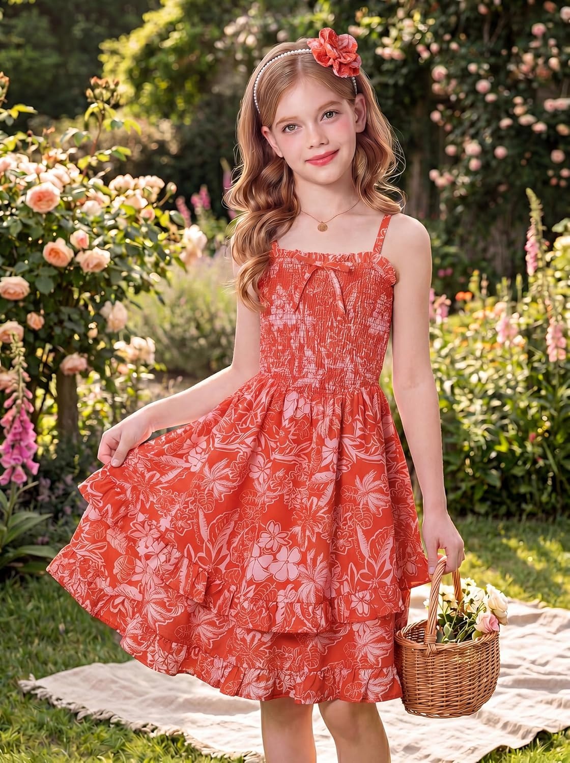 imageGRACE KARIN Girls Floral Summer Dress Tween Girl 2 Layerr Cami Smocked Dresses Boho Midi Sundress Size 716Orange White Floral