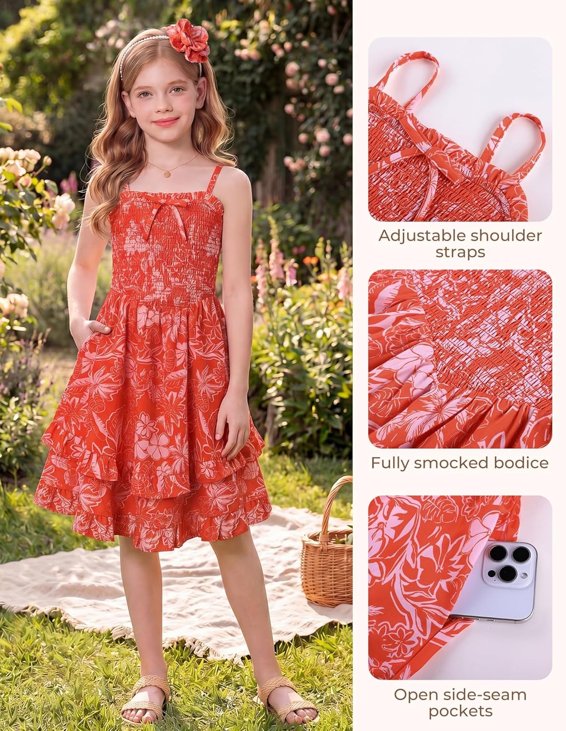 imageGRACE KARIN Girls Floral Summer Dress Tween Girl 2 Layerr Cami Smocked Dresses Boho Midi Sundress Size 716Orange White Floral