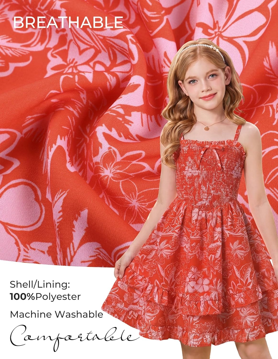 imageGRACE KARIN Girls Floral Summer Dress Tween Girl 2 Layerr Cami Smocked Dresses Boho Midi Sundress Size 716Orange White Floral