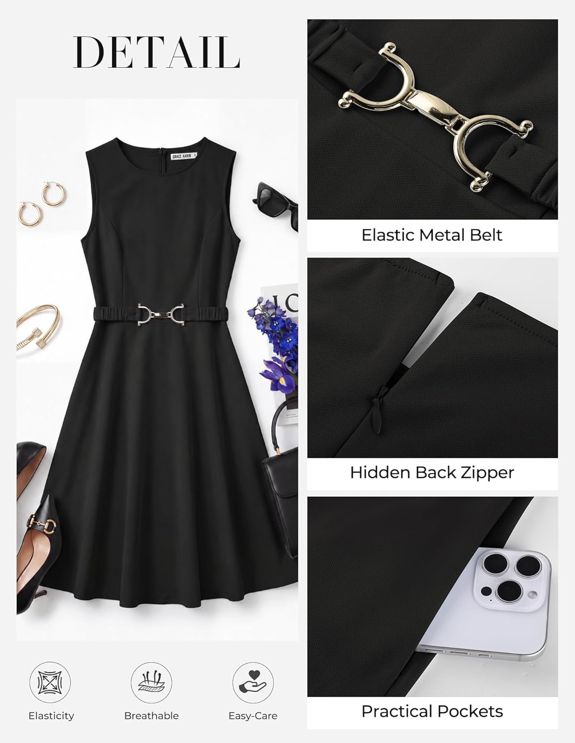 imageGRACE KARIN Womens Summer Work Dress 2026 Sleeveless Crewneck A Line Midi Dresses Belted Flowy Business Dresses with PocketsBlack
