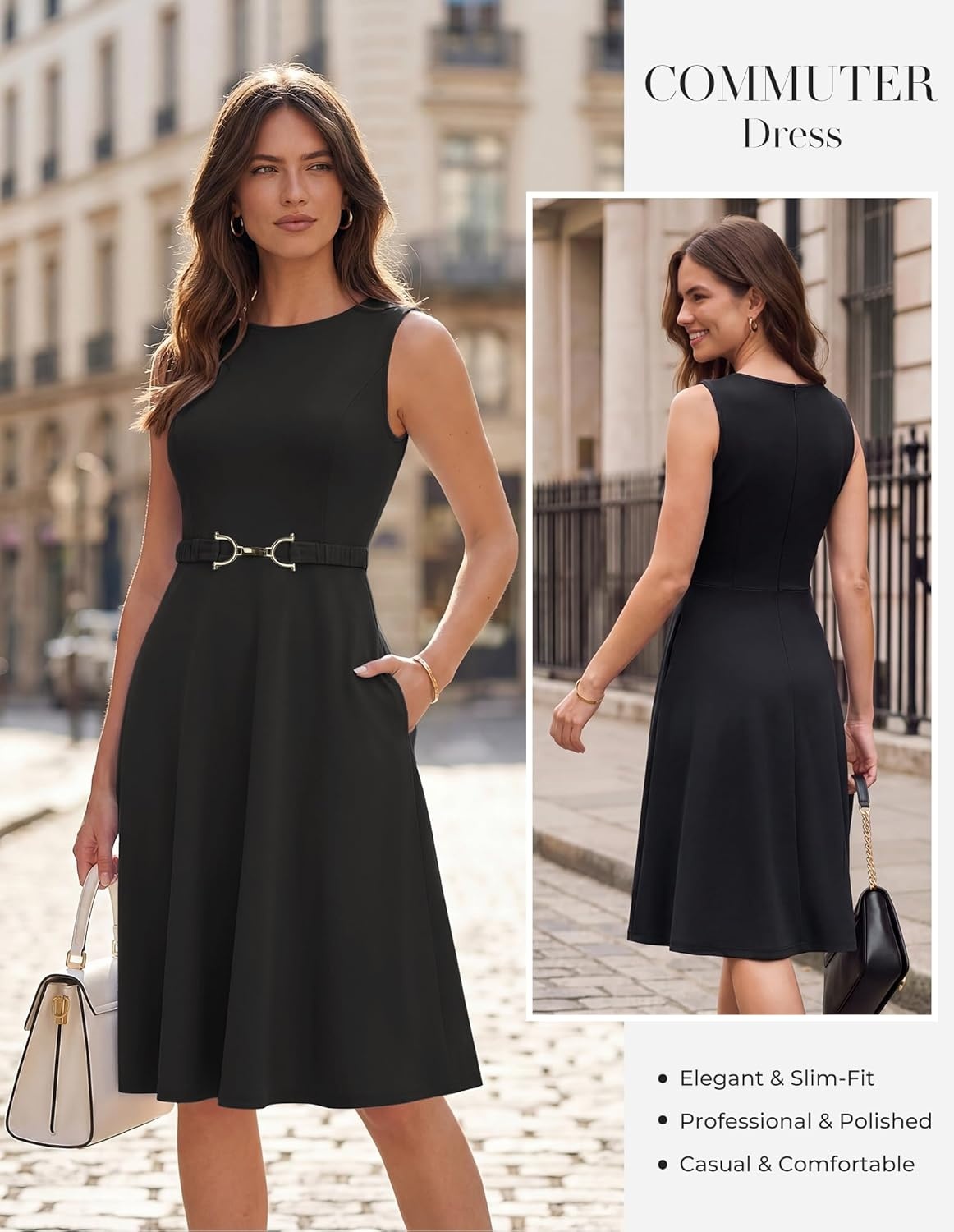 imageGRACE KARIN Womens Summer Work Dress 2026 Sleeveless Crewneck A Line Midi Dresses Belted Flowy Business Dresses with PocketsBlack