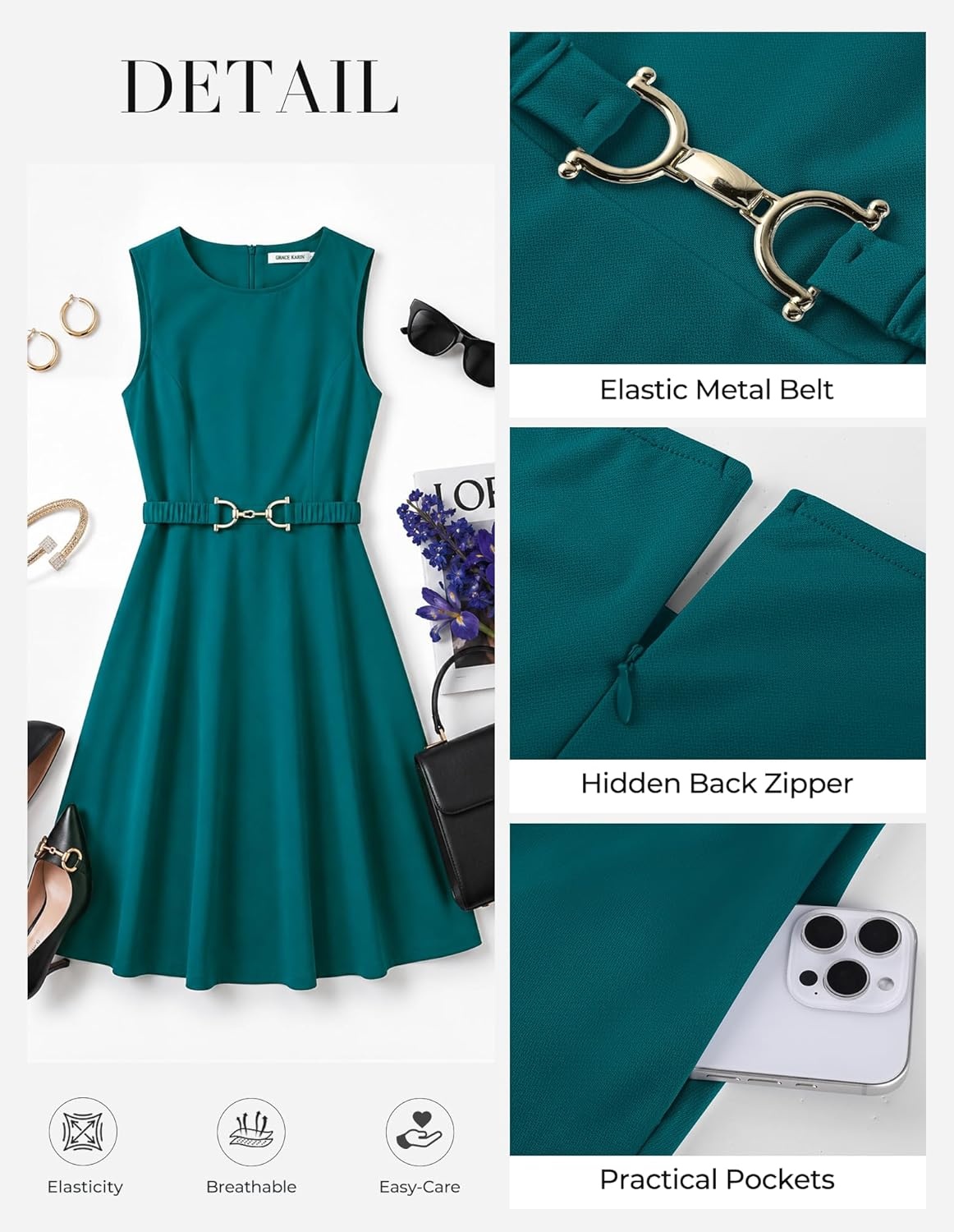 imageGRACE KARIN Womens Summer Work Dress 2026 Sleeveless Crewneck A Line Midi Dresses Belted Flowy Business Dresses with PocketsBlue Green