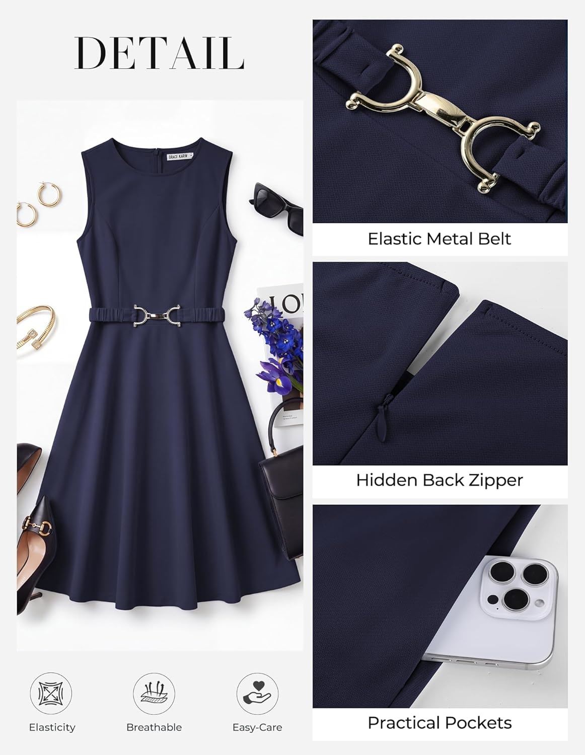imageGRACE KARIN Womens Summer Work Dress 2026 Sleeveless Crewneck A Line Midi Dresses Belted Flowy Business Dresses with PocketsNavy Blue