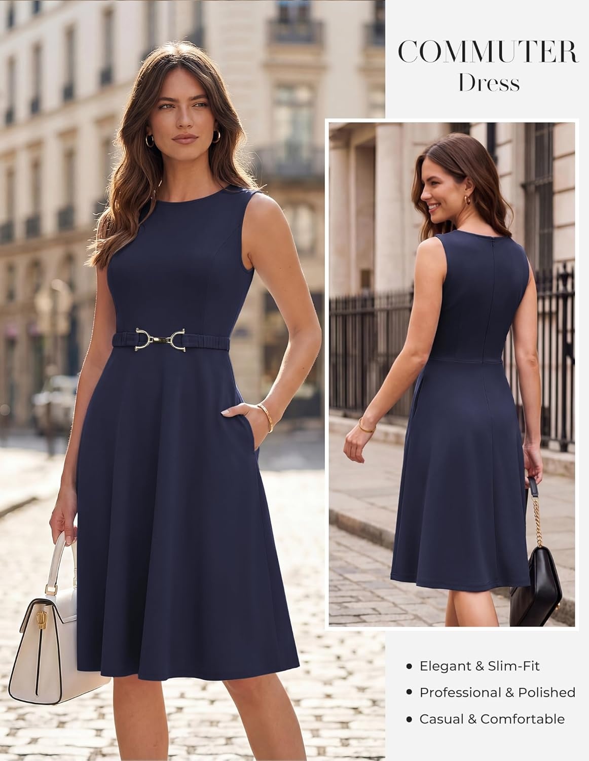 imageGRACE KARIN Womens Summer Work Dress 2026 Sleeveless Crewneck A Line Midi Dresses Belted Flowy Business Dresses with PocketsNavy Blue