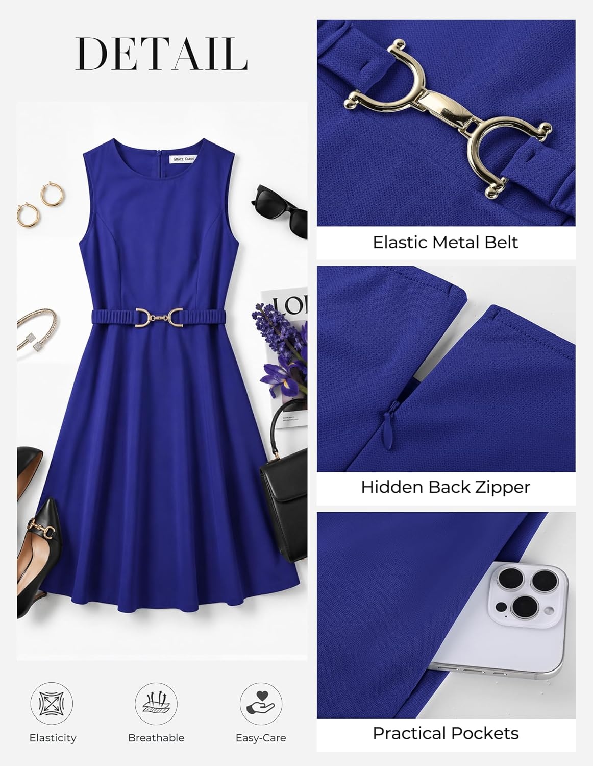 imageGRACE KARIN Womens Summer Work Dress 2026 Sleeveless Crewneck A Line Midi Dresses Belted Flowy Business Dresses with PocketsRoyal Blue