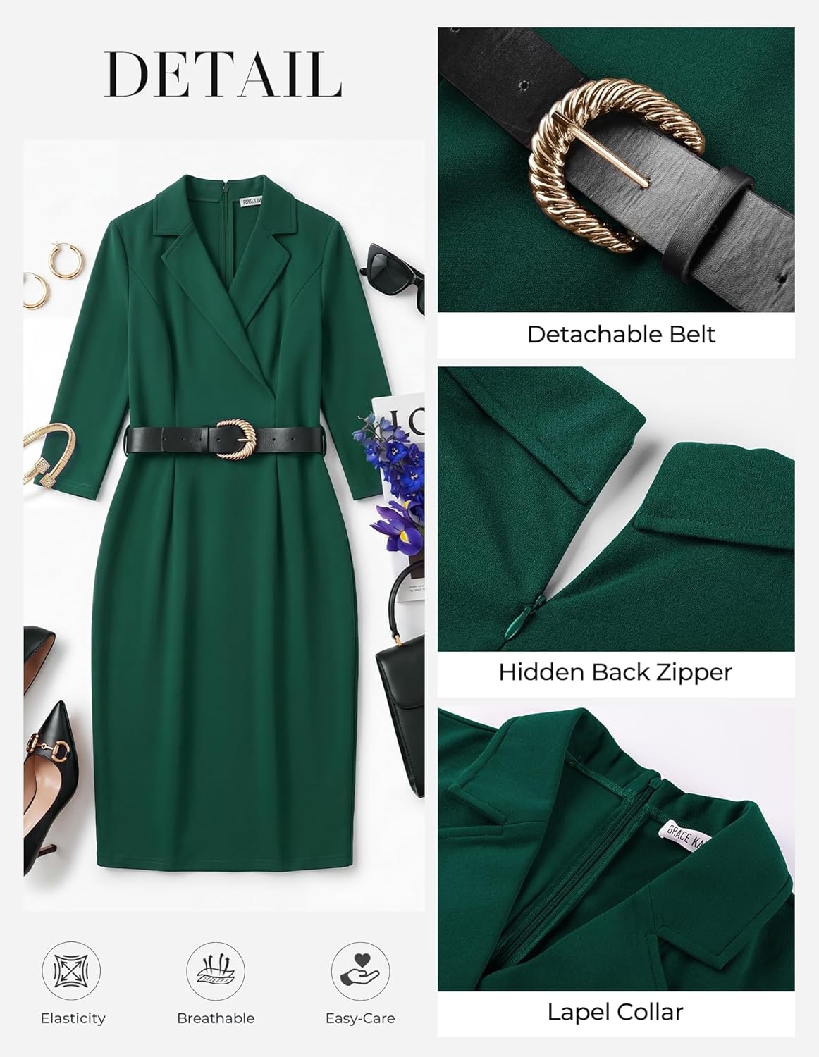 imageGRACE KARIN Womens Work Midi Dresses 2026 Summer 34 Sleeve Church Bodycon Dresses Pencil Office Business Dress with BeltDark Green