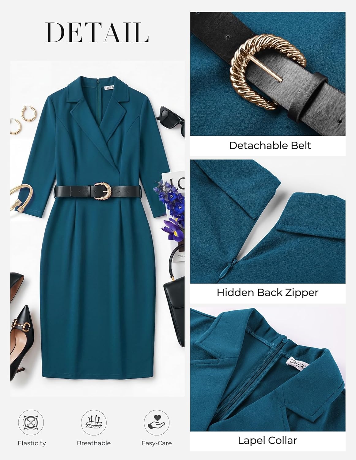 imageGRACE KARIN Womens Work Midi Dresses 2026 Summer 34 Sleeve Church Bodycon Dresses Pencil Office Business Dress with BeltDeep Peacock Blue