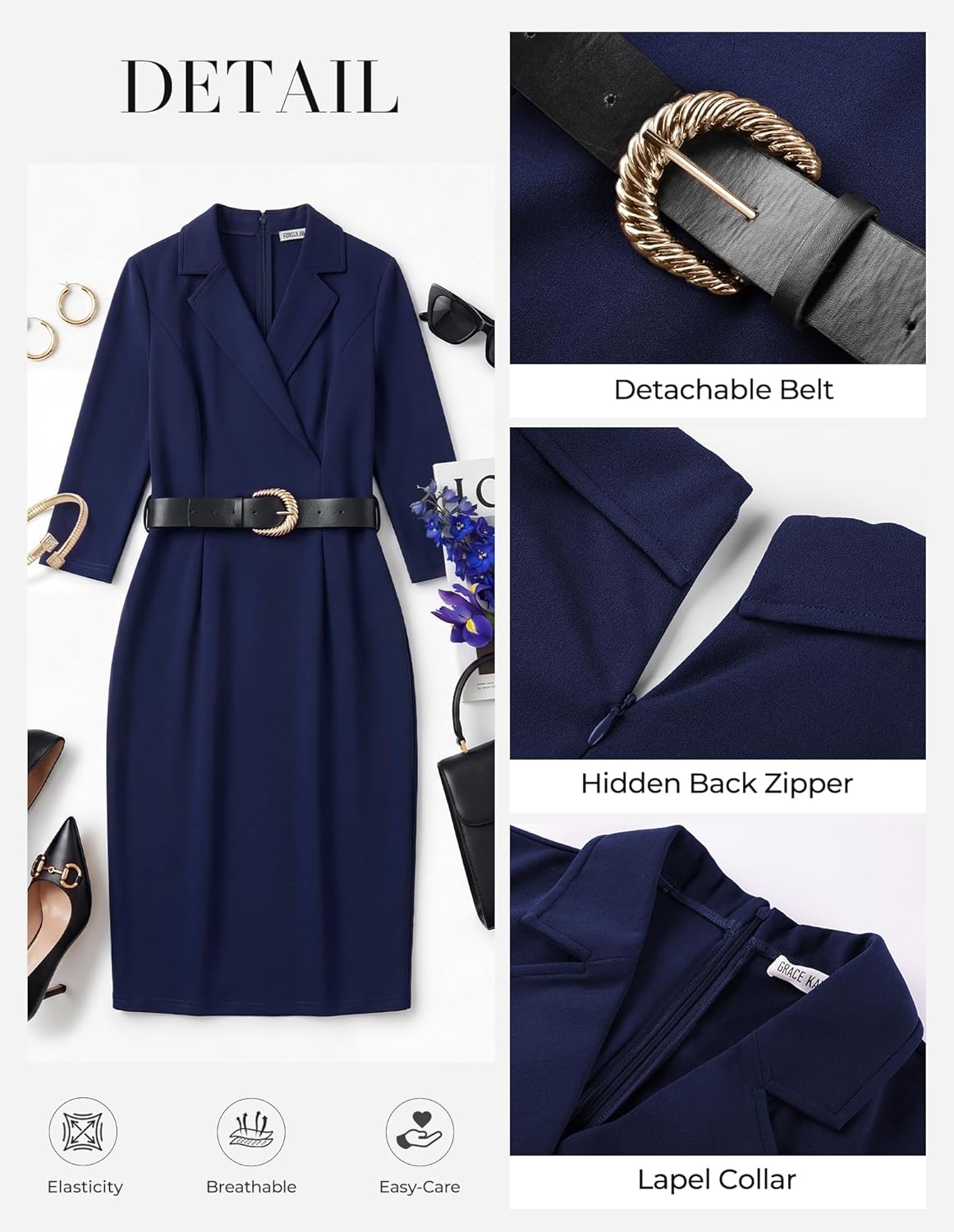 imageGRACE KARIN Womens Work Midi Dresses 2026 Summer 34 Sleeve Church Bodycon Dresses Pencil Office Business Dress with BeltNavy