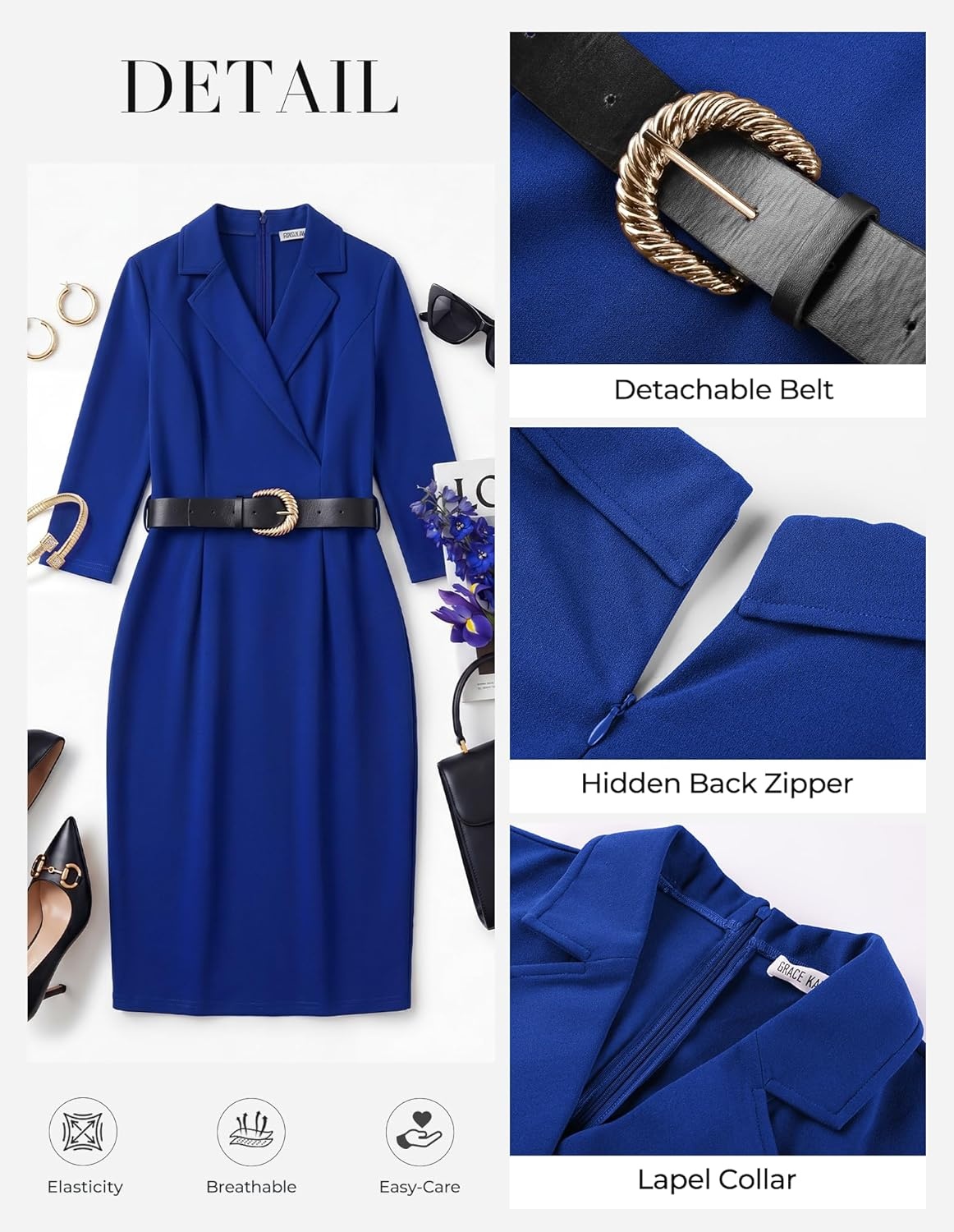 imageGRACE KARIN Womens Work Midi Dresses 2026 Summer 34 Sleeve Church Bodycon Dresses Pencil Office Business Dress with BeltRoyal Blue
