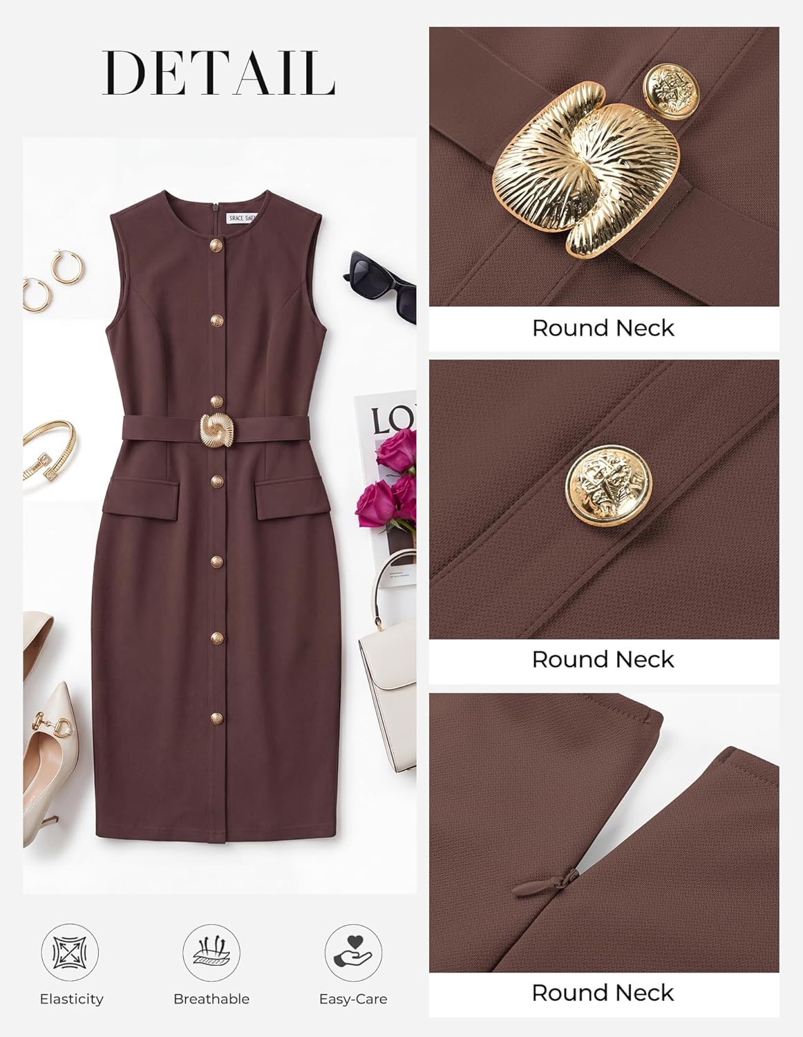 imageGRACE KARIN Work Dresses for Women 2026 Summer Sleeveless Bodycon Business Outfits Office Button Knee Length DressesDark Brown