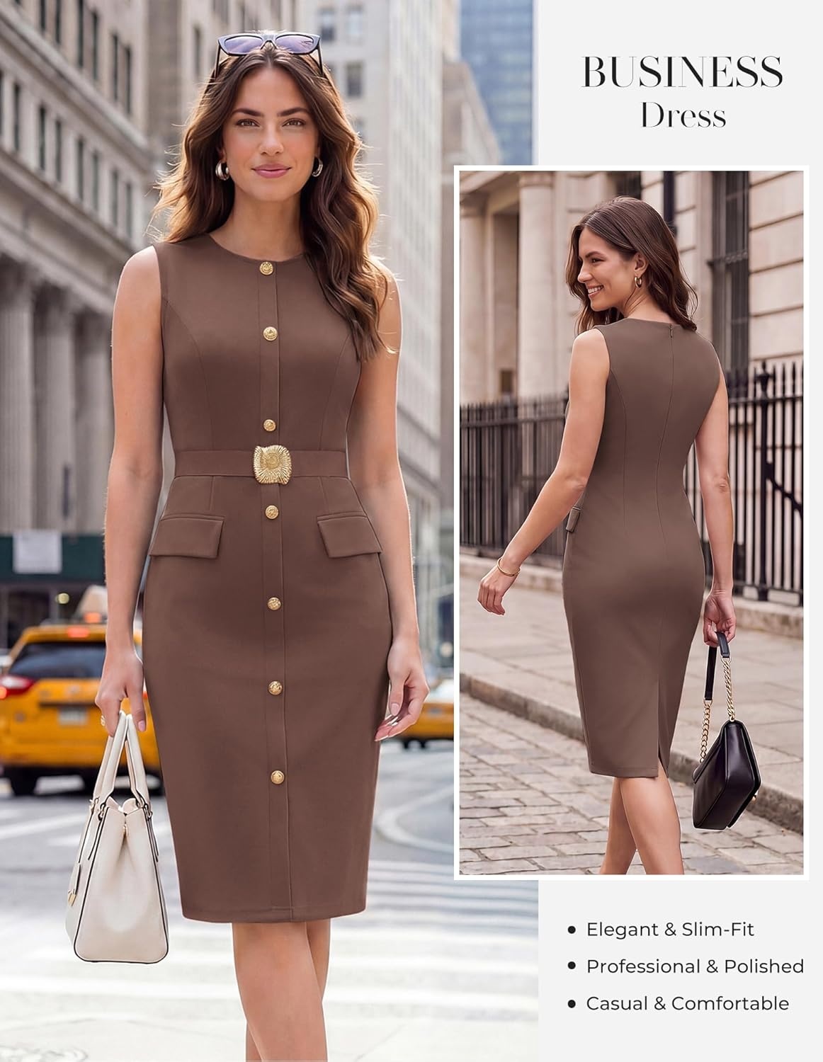 imageGRACE KARIN Work Dresses for Women 2026 Summer Sleeveless Bodycon Business Outfits Office Button Knee Length DressesDark Brown