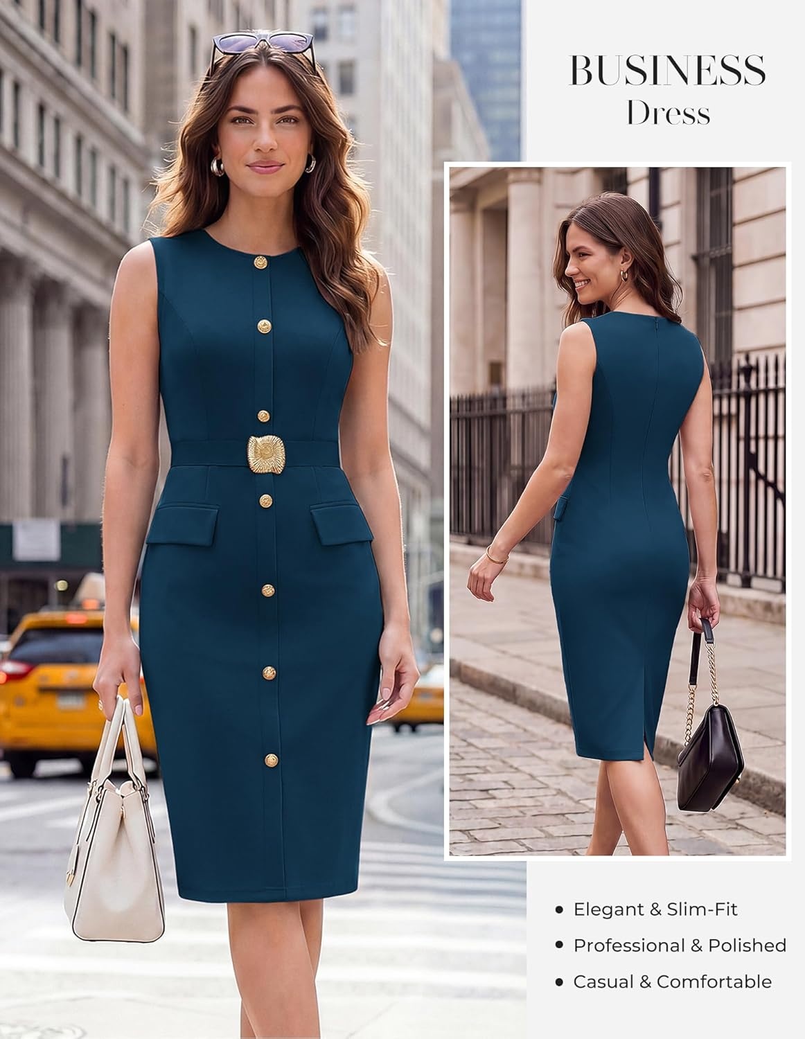 imageGRACE KARIN Work Dresses for Women 2026 Summer Sleeveless Bodycon Business Outfits Office Button Knee Length DressesDeep Peacock Blue