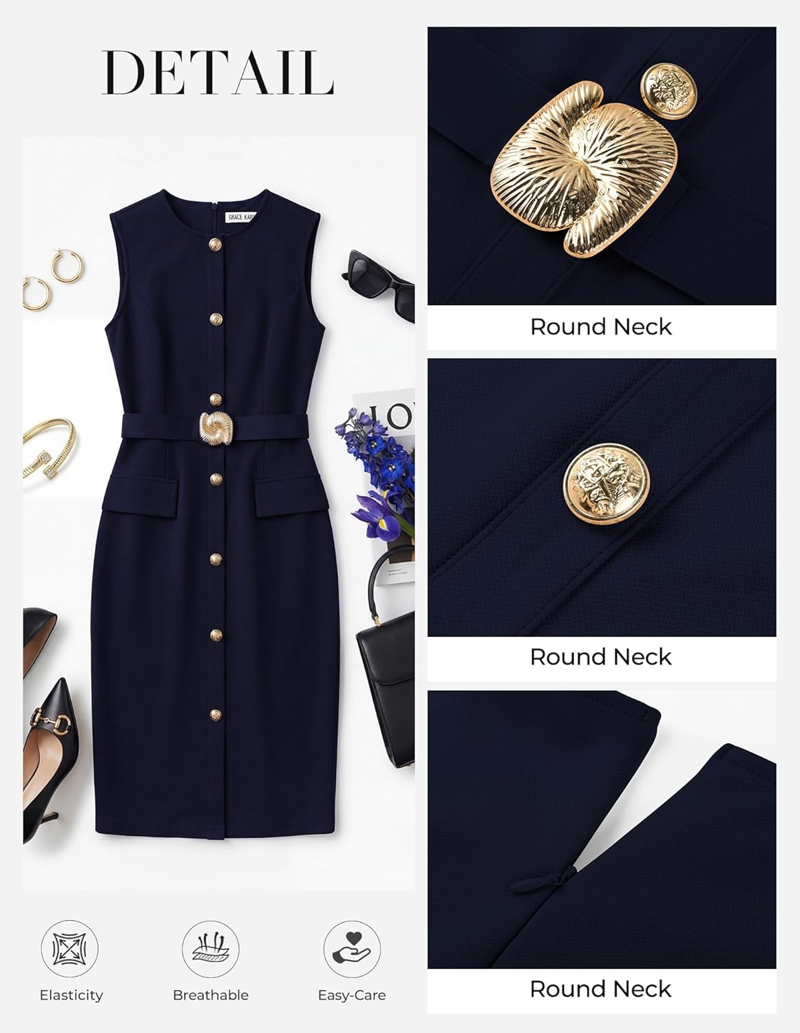 imageGRACE KARIN Work Dresses for Women 2026 Summer Sleeveless Bodycon Business Outfits Office Button Knee Length DressesNavy