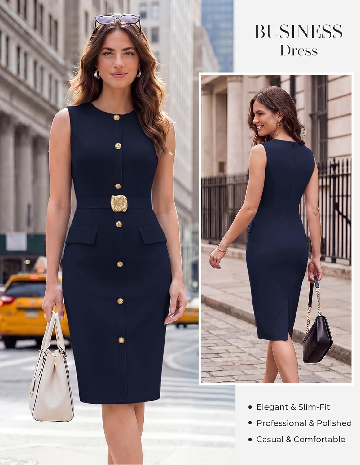 imageGRACE KARIN Work Dresses for Women 2026 Summer Sleeveless Bodycon Business Outfits Office Button Knee Length DressesNavy