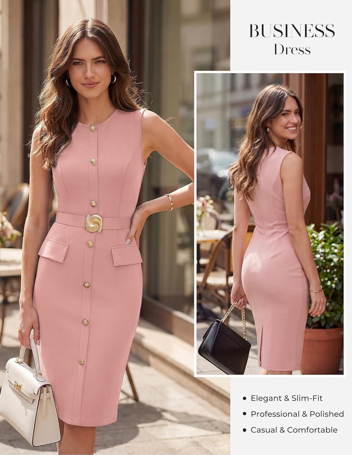 imageGRACE KARIN Work Dresses for Women 2026 Summer Sleeveless Bodycon Business Outfits Office Button Knee Length DressesPink