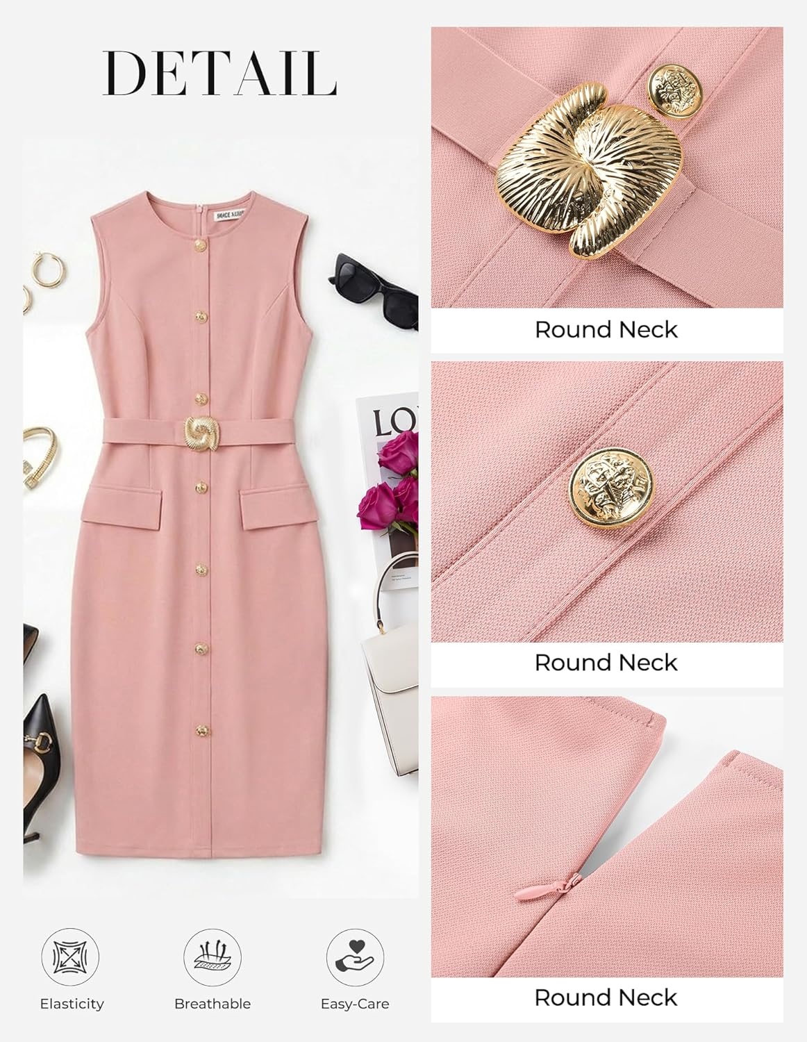 imageGRACE KARIN Work Dresses for Women 2026 Summer Sleeveless Bodycon Business Outfits Office Button Knee Length DressesPink