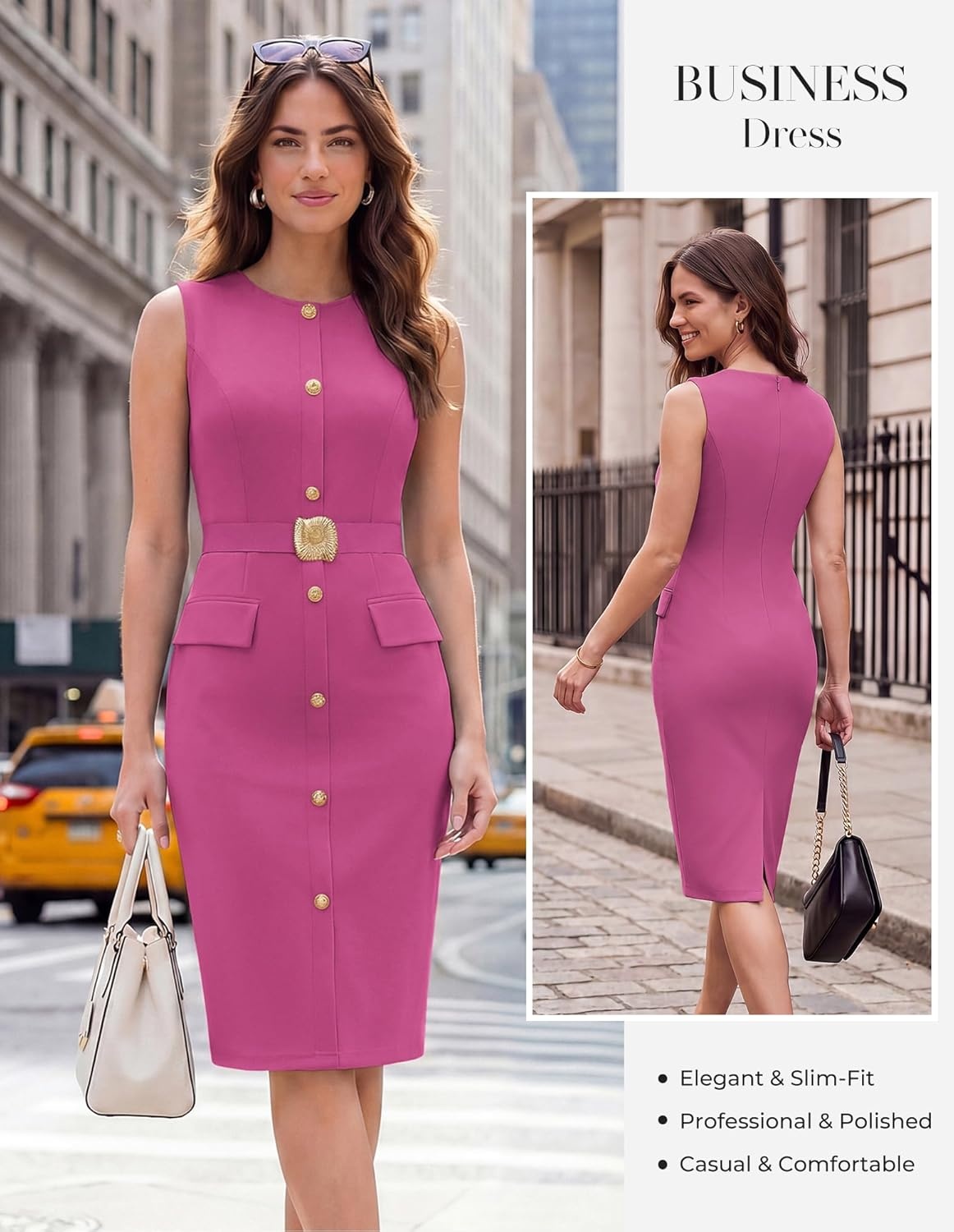 imageGRACE KARIN Work Dresses for Women 2026 Summer Sleeveless Bodycon Business Outfits Office Button Knee Length DressesRose