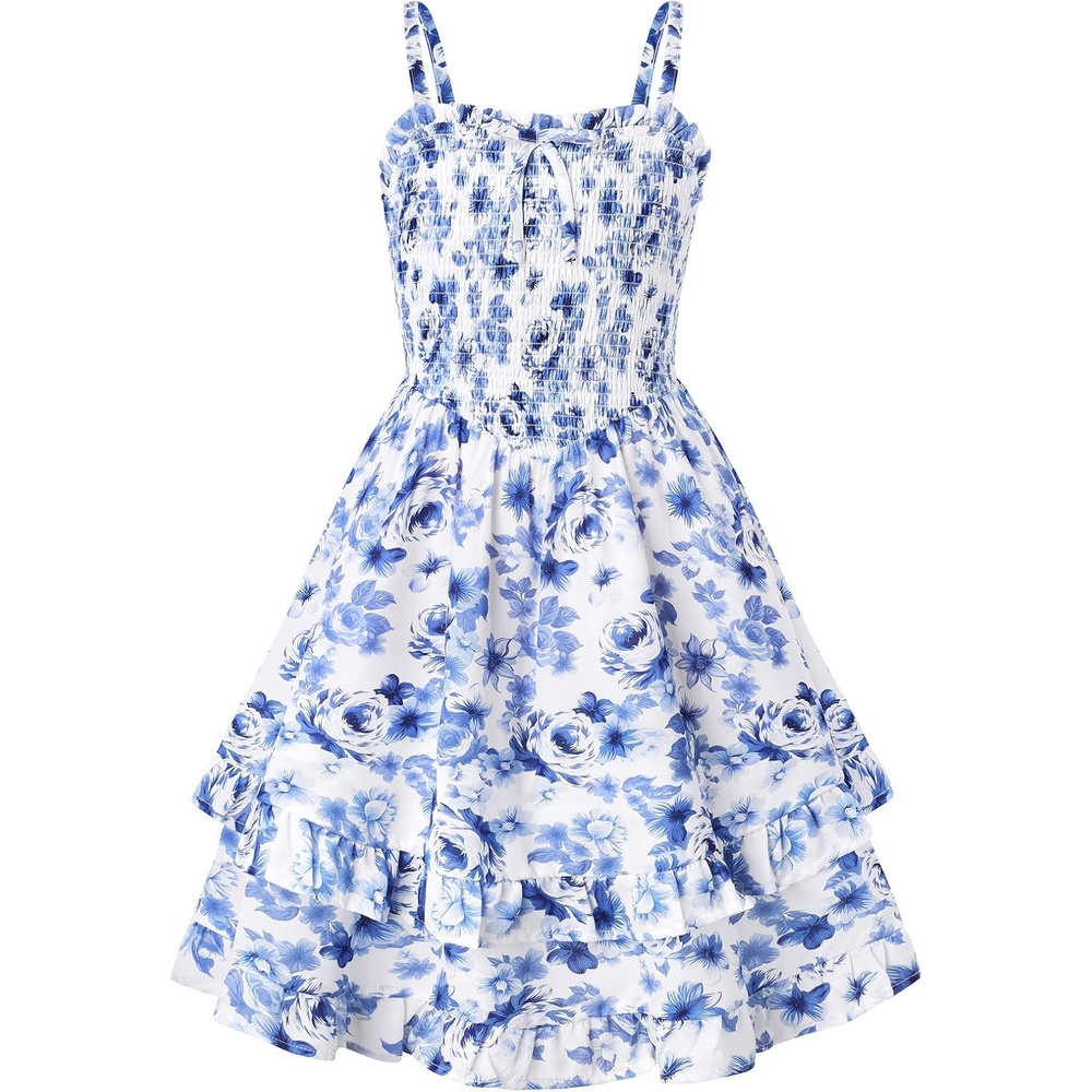 imageGRACE KARIN Girls Floral Summer Dress Tween Girl 2 Layerr Cami Smocked Dresses Boho Midi Sundress Size 716Blue Big Floral